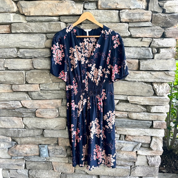 Rebecca Taylor Phlox Dress Silk Cherry Blossom Navy Pink Puff Sleeve V Neck - Picture 2 of 9